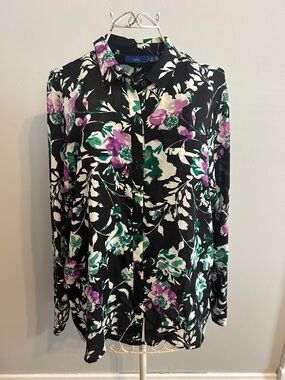 Apt. 9 Black Floral Button-Front Blouse with Purple & Green Blooms